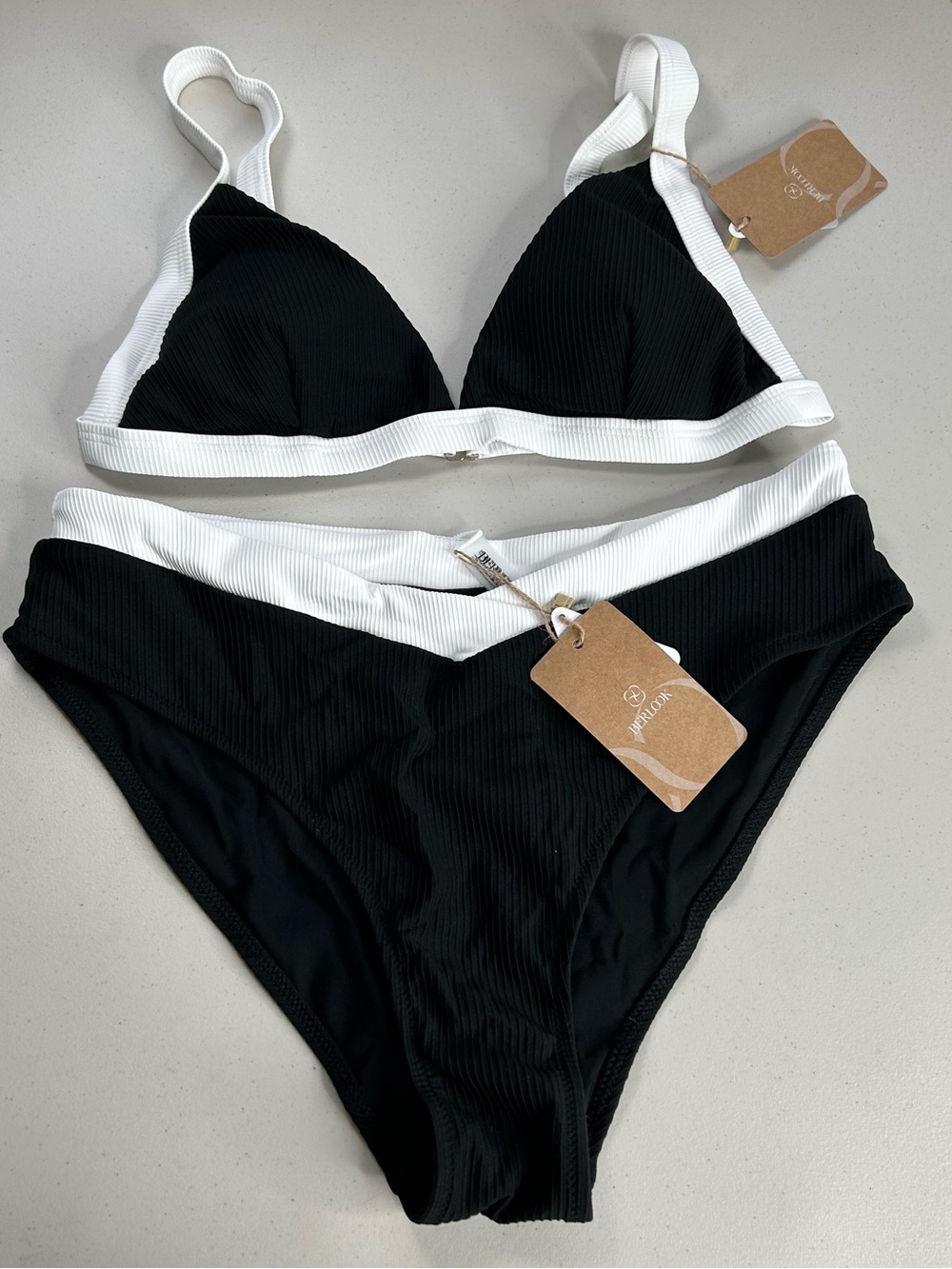 Women's Black Ribbed Bikini with White Trim - Classic Two-Piece Swim Set